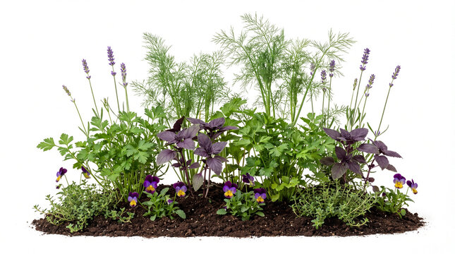 Herb and flower cluster with thyme, wild viola, parsley, purple basil, dill and lavender growing in soil isolated on white background.