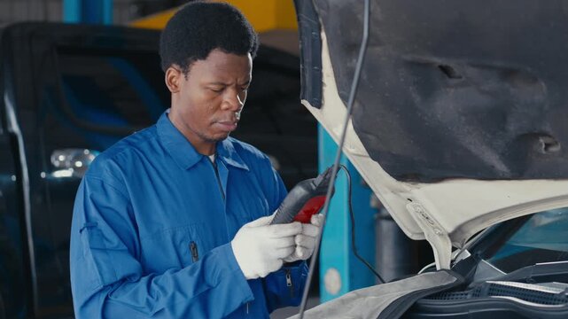 Man mechanic car repair engine hood inspection glove tool workshop maintenance vehicle, mechanic inspecting engine compartment with diagnostic tool auto repair workshop, man blue coverall working