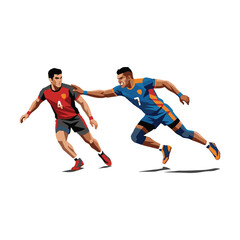 Fototapeta premium Two athletic male players are in motion, one tagging the other during a sports game, emphasizing agility and teamwork