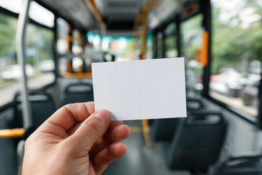 Bus Queues Hand Holding Blank Card Inside Public Bus for Copy Space