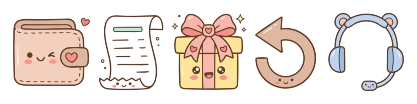 Kawaii cute service and shopping icons set featuring wallet, receipt, gift box, refresh arrow and headset. Character vector illustration in pastel colors