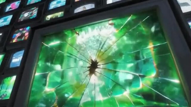 Dramatic Glass Shards Exploding from Green Core Impact Point