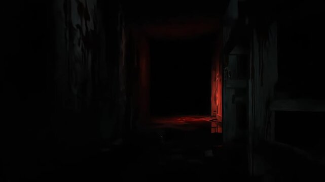 A dark, eerie hallway with a faint red glow at the end.