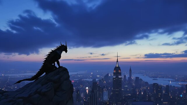 A dragon perches on a rock overlooking a city skyline at dusk.
