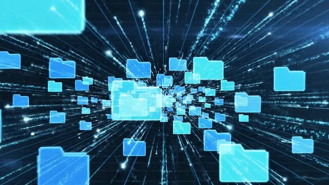 Digital data folders and files floating FILE VIDEO. AI GENERATED.
