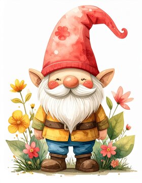Watercolor Gnome with Red Hat and Yellow Jacket Surrounded by Flowers
