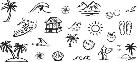Summer Beach Holiday and Surfing Hand Drawn Doodle Icon Collection © Jumaidi Rahman