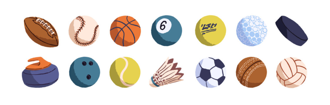 Set of various balls. Sports equipment to play different games: baseball, basketball, football, soccer, volleyball, hockey, curling and tennis. Flat isolated vector illustrations on white background