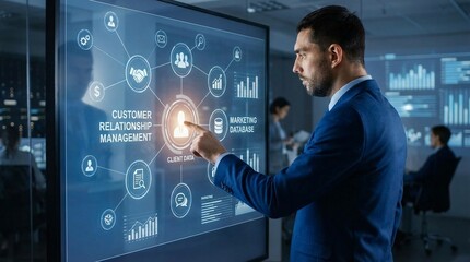 Obraz premium management CRM concept Customer data and marketing database system Businessman touching customer icon client.