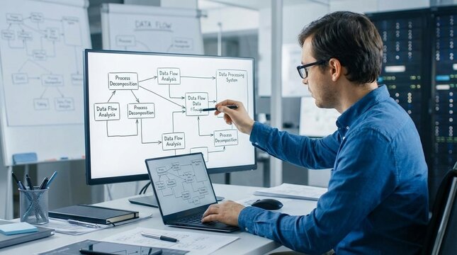 diagram Process decomposition and data flow analysis Engineer using laptop computer to manage data processing system.