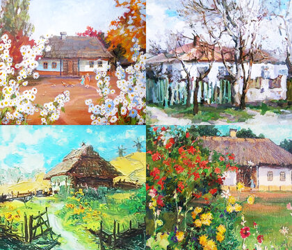 Collage of artistic oil paintings featuring traditional rural houses and scenic village landscapes