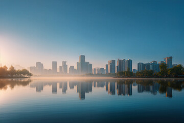 Fototapeta premium Urban Lakes Tranquil Sunrise Over Modern City Skyline Reflected in Calm
