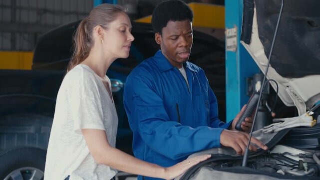 Car repair mechanic woman engine inspection garage diagnostic hood service maintenance in workshop, vehicle repair inspection and focused teamwork for SEO friendly auto service title