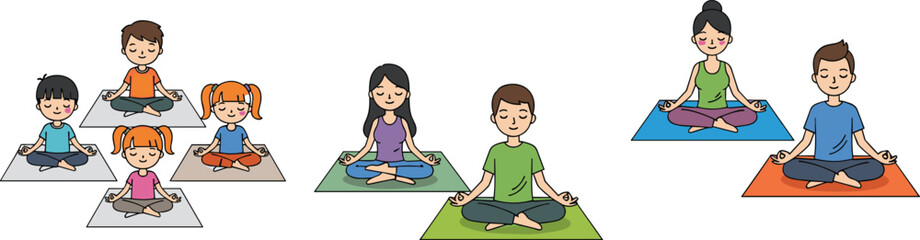 Fototapeta premium Children and Adults Practicing Yoga in Different Poses on Mats in Vector Art Style