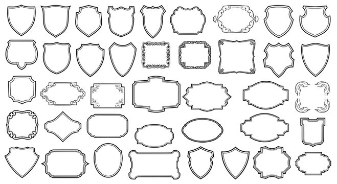 Badges heraldic crest set with shield and label illustrations featuring labels, icons, graphics with emblems and crests elements for coat of arms,