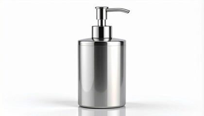Obraz premium Sleek Silver Soap Dispenser on a White Background with Reflected Lighting