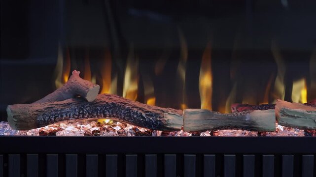 Big Log Wood Burning Yellow Flames Realistic Fireplace House D&eacute;cor