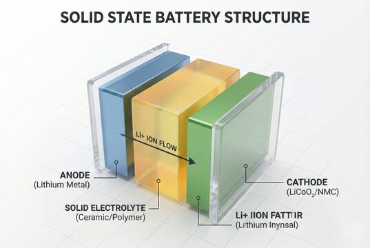 3D infographic of solid-state battery layers with transparent casing and lithium ion flow arrows