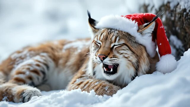 A lynx wearing a Santa hat rests in the snow during winter.