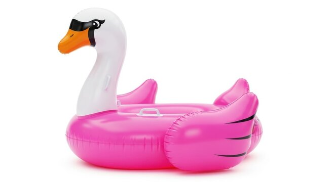 Inflatable pink swan pool float isolated on white background