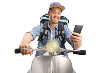 Delivery man riding a vintage scooter and holding a smartphone © Ljupco Smokovski