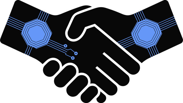 Handshake with glowing circuit pad palms - for tech partnership branding