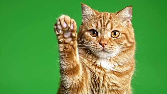Ginger cat waving paw on green screen background.