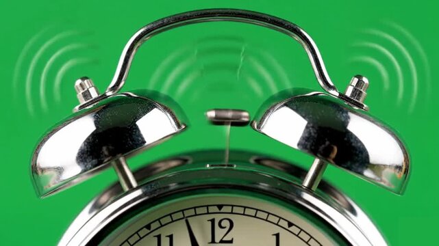 Retro Alarm Clock Rings Loudly on Green Background.
