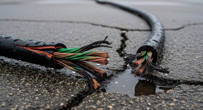 Damaged electrical cable on wet pavement.