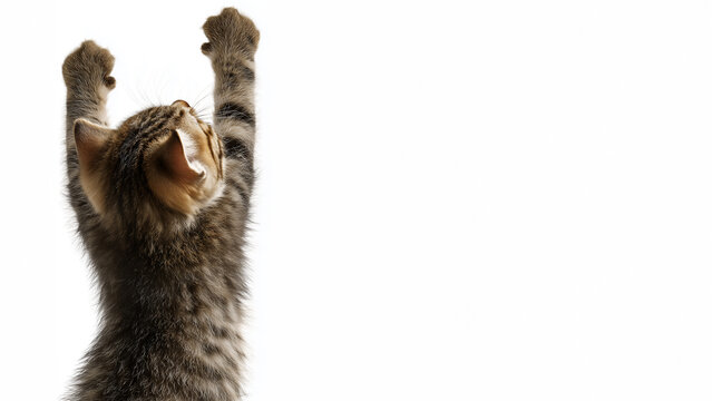 Excited tabby kitten success reaction, arms up celebrating victory and achievement, funny cat meme from behind isolated on white