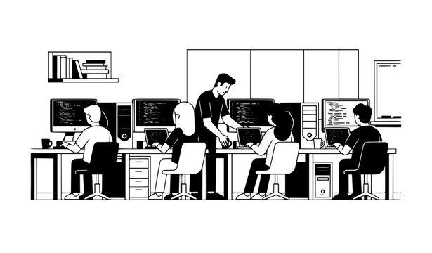 College Students Studying Computer Science Black and White Illustration