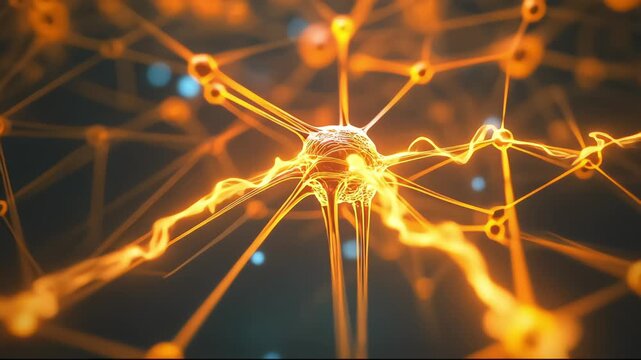 Abstract glowing neuron with electrical impulses in a neural network.