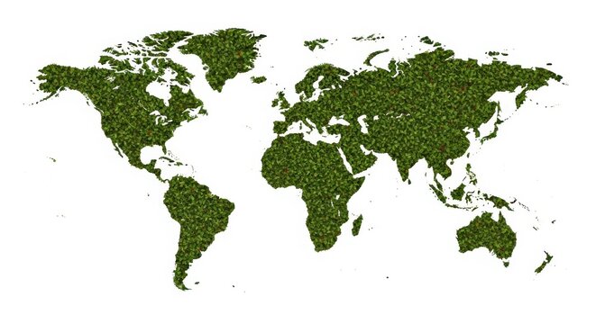 World map made of green leaves and foliage, representing nature and environment, isolated on white background