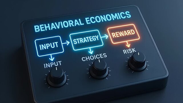 Behavioral economics business concept neon light diagram input strategy reward choice risk knob control panel decision model psychology finance interaction modern blue glow illustration closeup