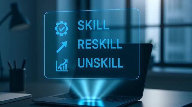 Skill reskill unskill training learning upskill career education technology digital concept glowing interface over laptop dark office development business work office laptop digital screen