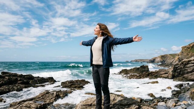 freedom concept woman enjoying wind and sea on beach video.