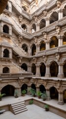 Obraz premium Exploration of the interior architecture with intricate carvings and railings in the underground water tank structure
