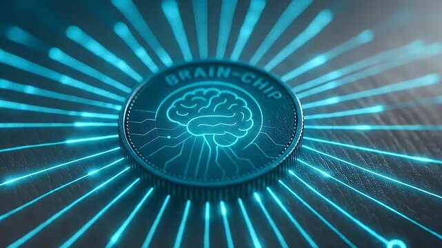 Brain chip artificial intelligence neural network digital cybernetic future technology innovation with blue light glowing circuits, futuristic data science finance concept and virtual reality