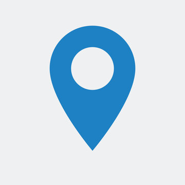 A blue map pin icon on a white background for navigation and location purposes