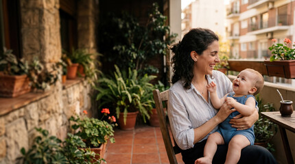 Fototapeta premium Mother holds baby and smiles while sitting on balcony with various plants and flowers around. Scene shows warm atmosphere during sunny day. Concept of family, parenting, outdoor living