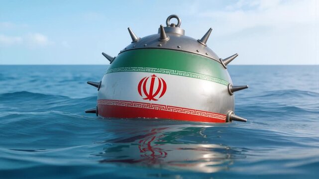 Naval mine with Iranian flag floating in open sea. Conceptual representation of maritime security and regional tensions. Lockdown close-up shot.