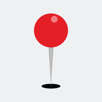 A simple graphic illustration of a red pin with a gray needle and black base on a white background