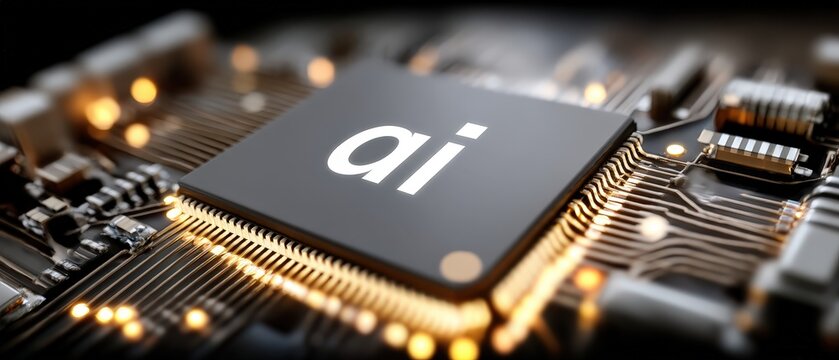 A close view shows an ai chip with glowing letters on top, surrounded by detailed circuitry and bright lights against a dark background