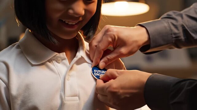 A child smiles brightly as a caring adult attaches a future engineer badge to their shirt.