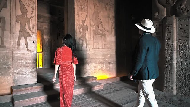 american young man traveler wearing white hat with his wife with red dress exploring ancient Egyptian abu simble temple with background of ramsses ii statues. Egypt.