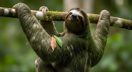 Obraz premium A Three-Toed Sloth Hangs From A Tree Branch In A Lush Green Forest.