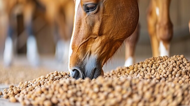 Serene moment of a horse calmly feeding on grain from a sack in a minimalist and peaceful setting.