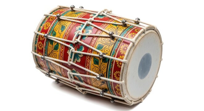 A traditional indian dhol drum featuring intricate floral patterns in red and yellow, with rope tension tuning, isolated on white background