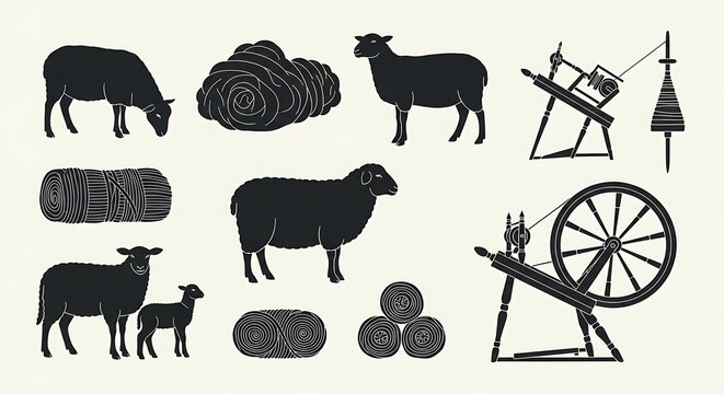 Sheep Farming Agriculture Silhouettes Icons.