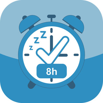 Blue alarm clock with a checkmark and "8h" indicating sleep duration.